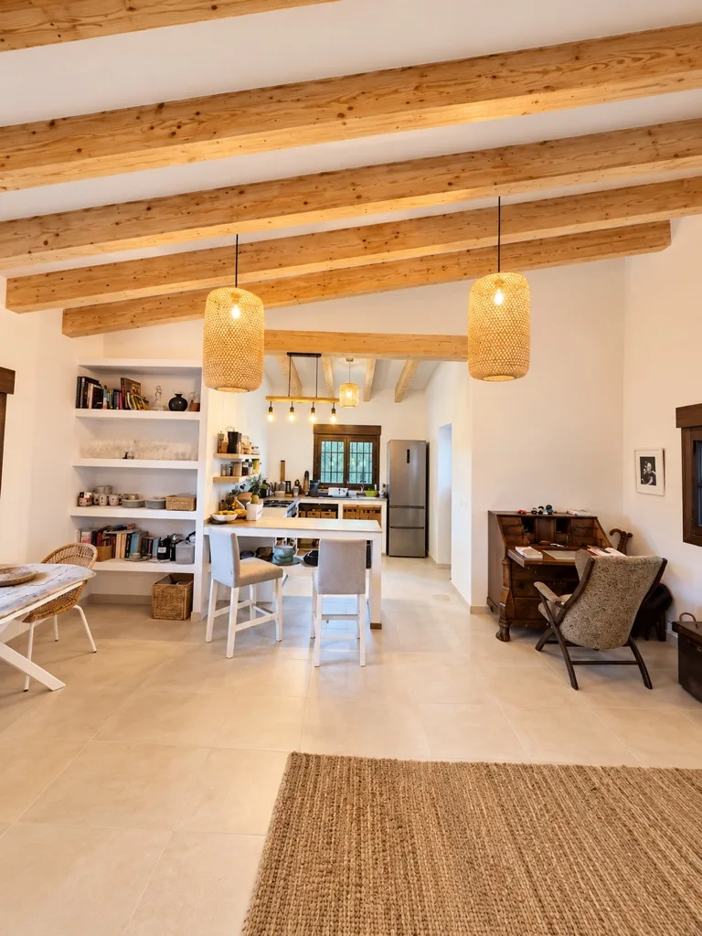 Salón y cocina abiertos con vigas de madera, villa en Jávea
