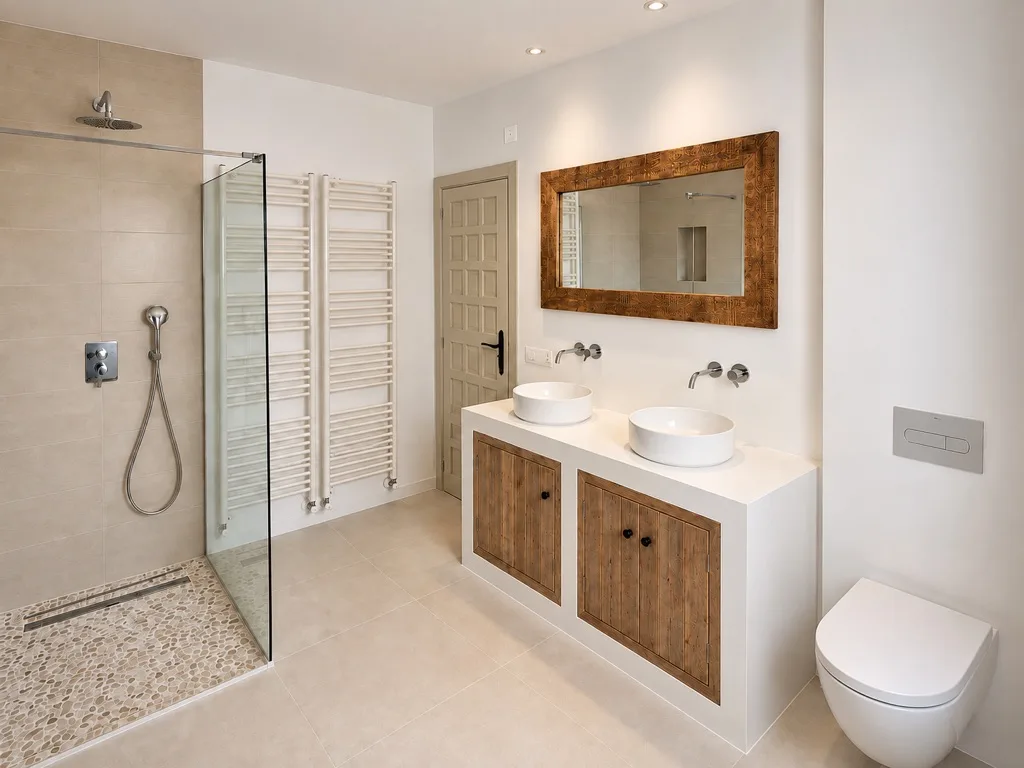 Baño con ducha a ras de suelo, mueble de obra y doble lavabo