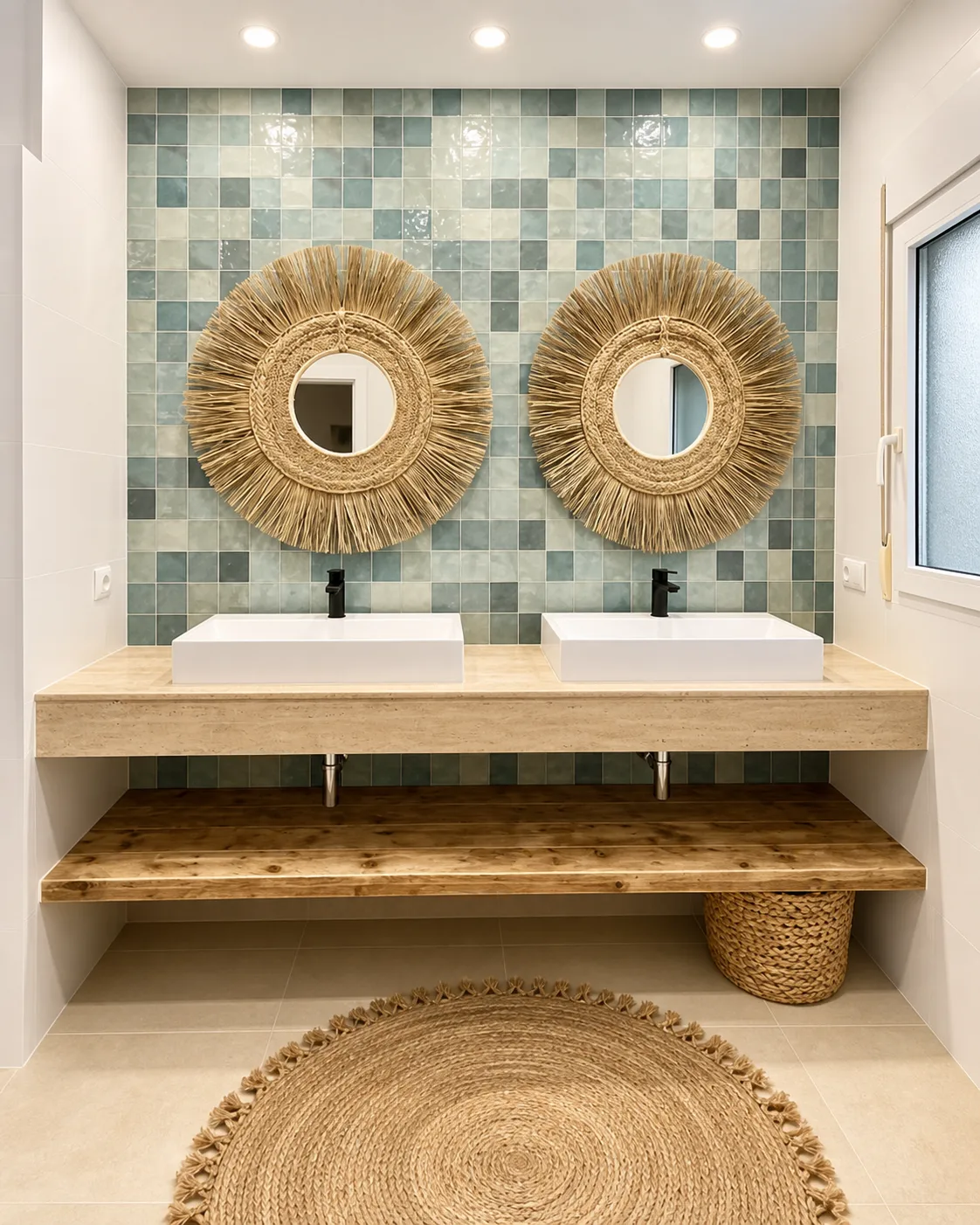 Doble lavabo con encimera de travertino y azulejo artesanal