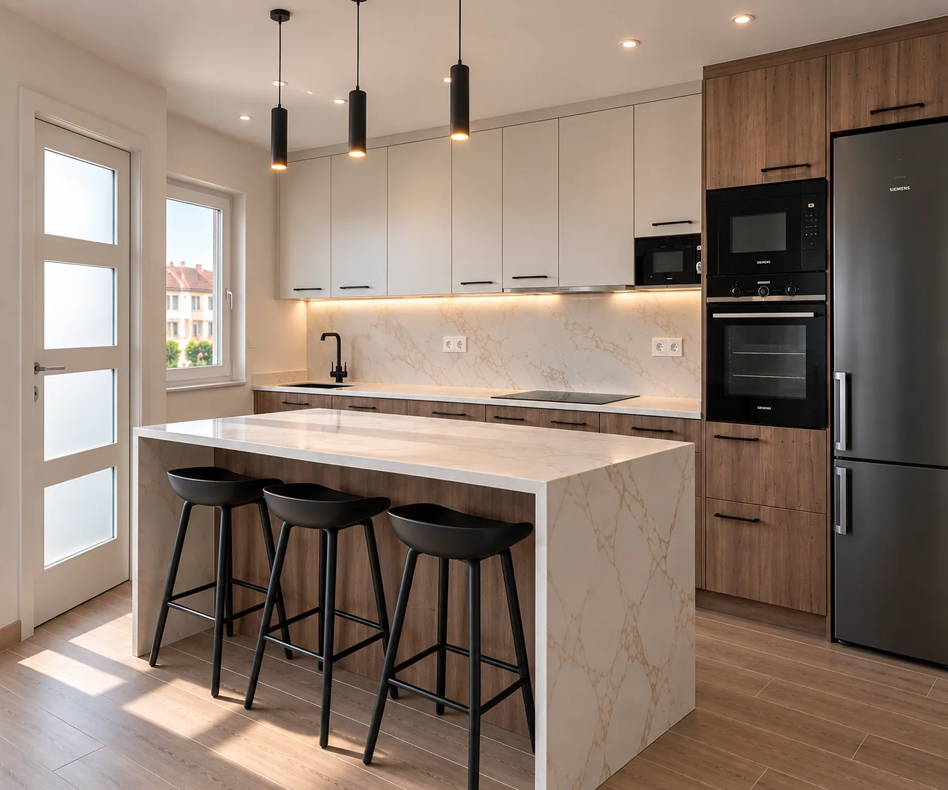 Cocina bicolor en blanco y madera en el centro de Málaga, con isla en cascada efecto mármol y taburetes negros