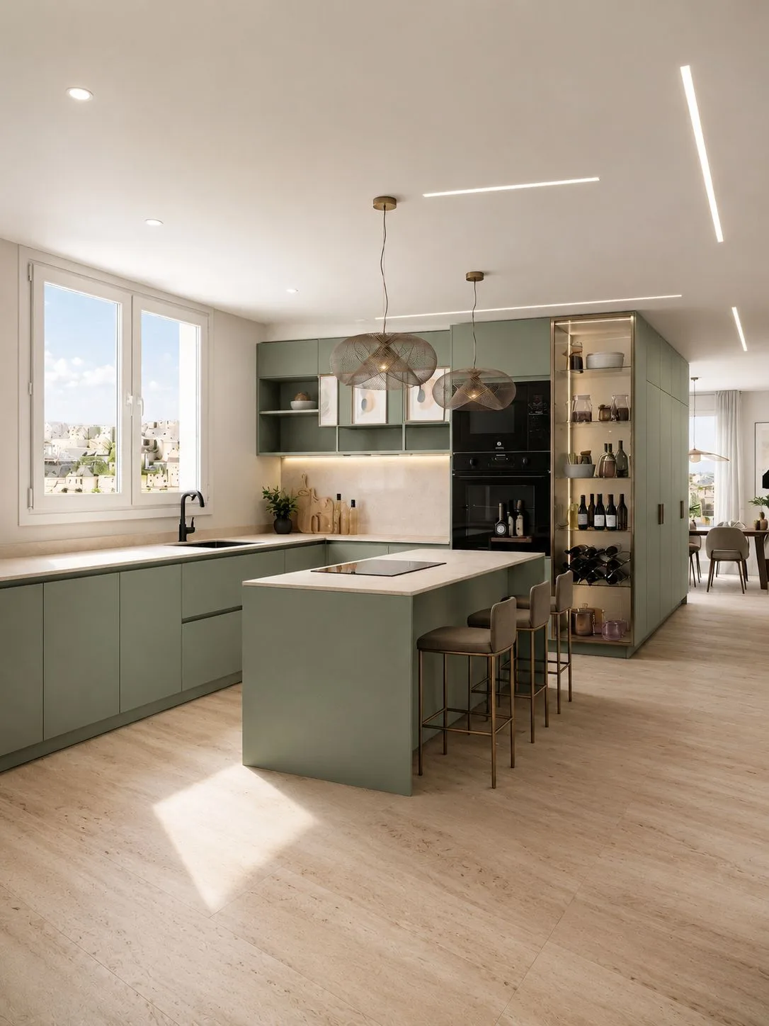 Cocina verde salvia a medida con isla, columna vitrina de cristal y latón y lámparas colgantes de diseño